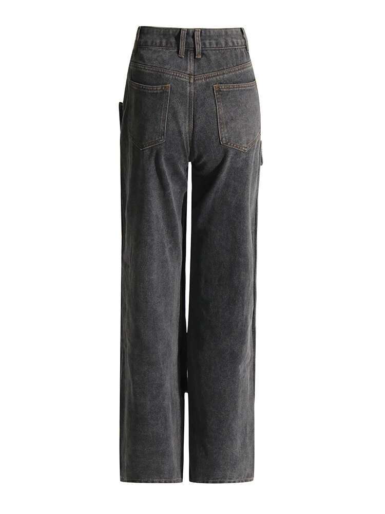 Patchwork Button Denim Loose Pants For Women High Waist Streetwear Straight Jeans Female Fashion Clothing 2025New