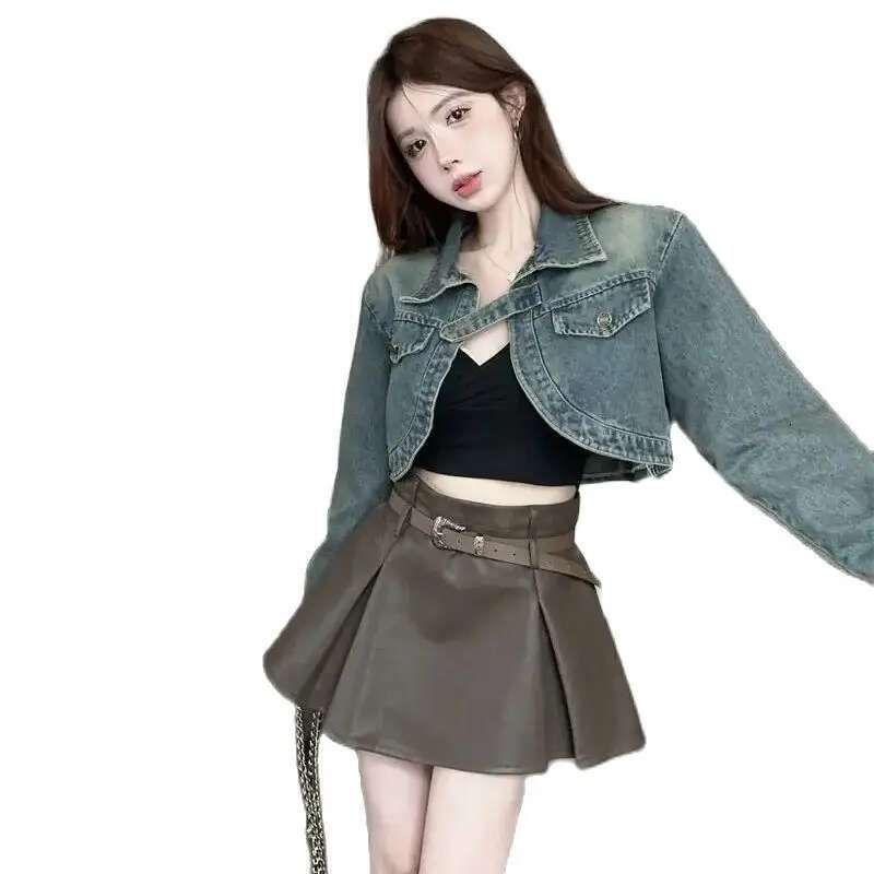 Denim Retro American Slim Fit Women Round Neck Top Sweet Korean Jacket Early Autumn Hot Style