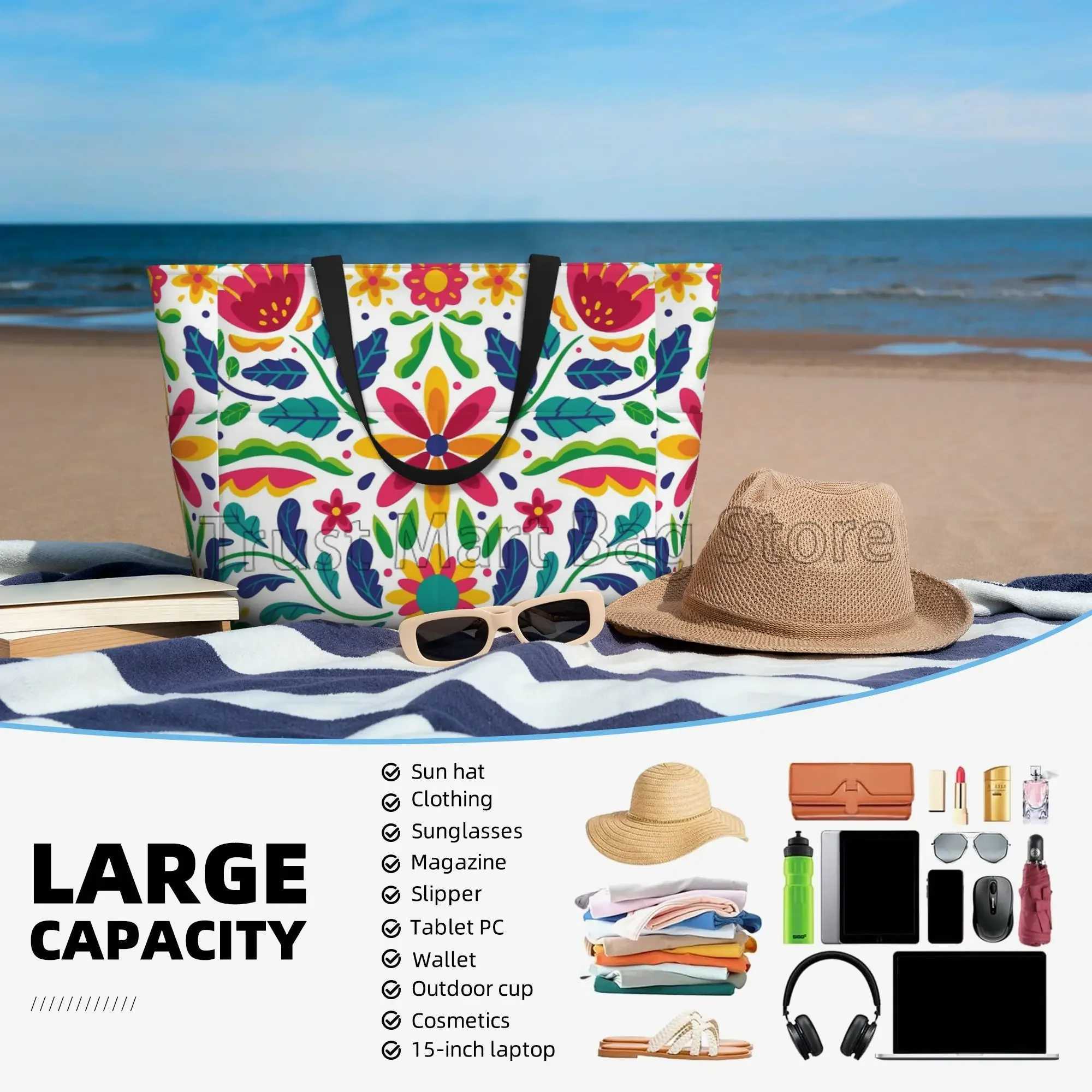 Mexican Flower Waterproof Beach Tote Pool Bags for Women Ladies Extra Large Gym Tote Carry on Bag for Weekender Travel Swim Z250219-1