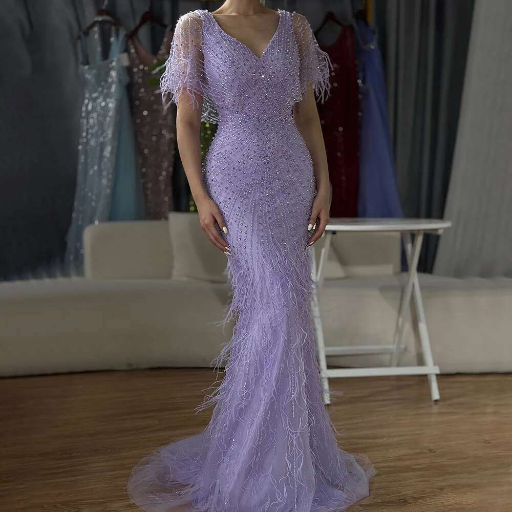 Mermaid Brown Evening Dresses Gowns Beaded Feather Elegant Customize Party BLA