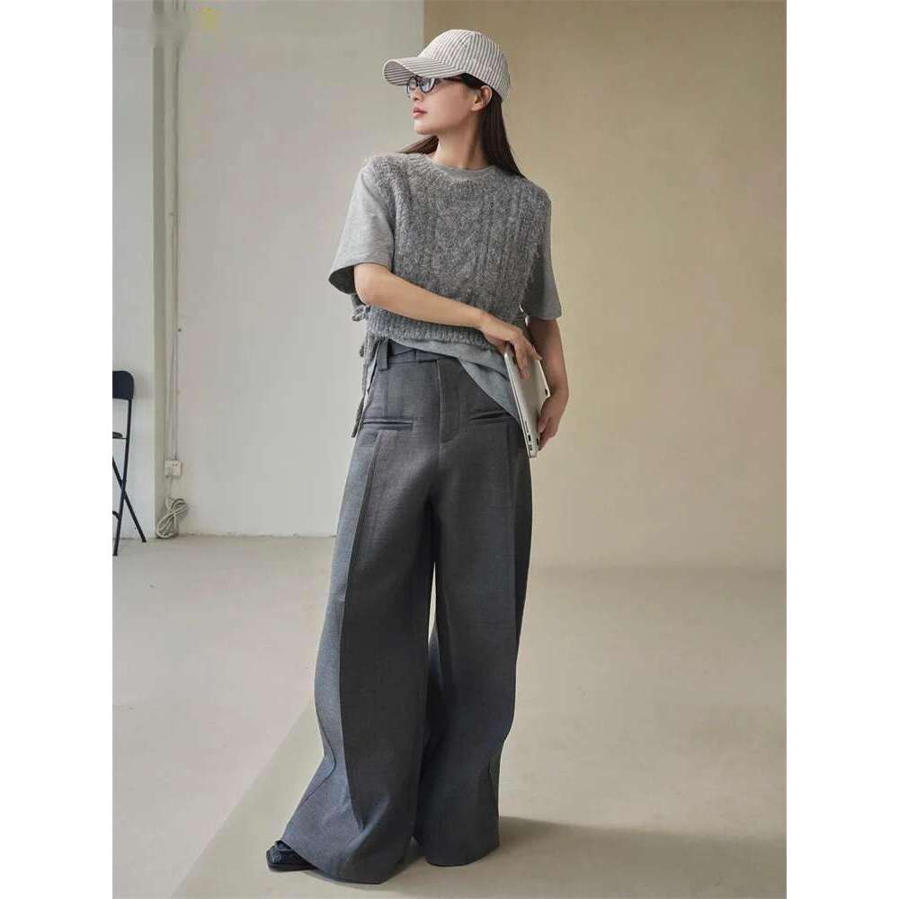 2025 Early Spring Vintage Twisted Double Sided Tie Rope Short Knitted Vest Women Loose Sleeveless Sweater Apricot/Gray