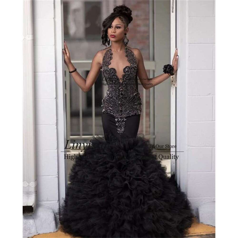 Crystals custom mermaid prom glitter babados formal evening party dresses sleeveless female bithday soiree robe