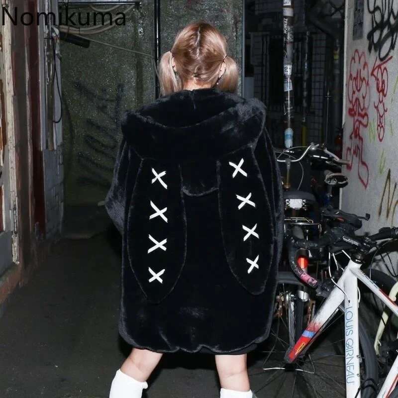 2025 Winter Clothing Women Jackets Haruku Rabbit Ears Punk Black Coats Thicked Furry Zipper Oversized Y2k Tops Ropa Mujer
