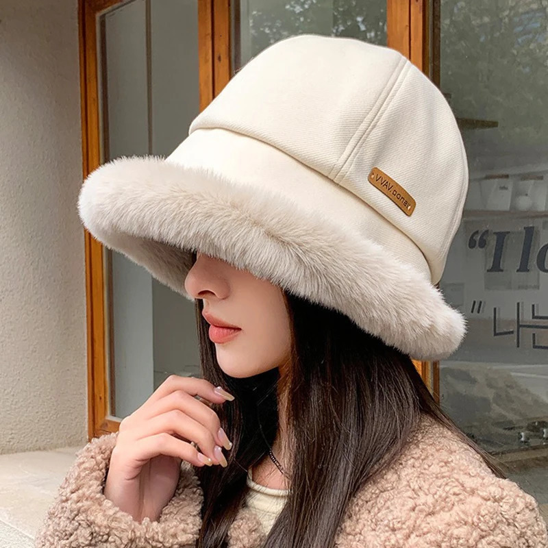 Fashionable fluffy fur bucket hat womens winter thick warm Panama fisherman retro soft plush basin 250210