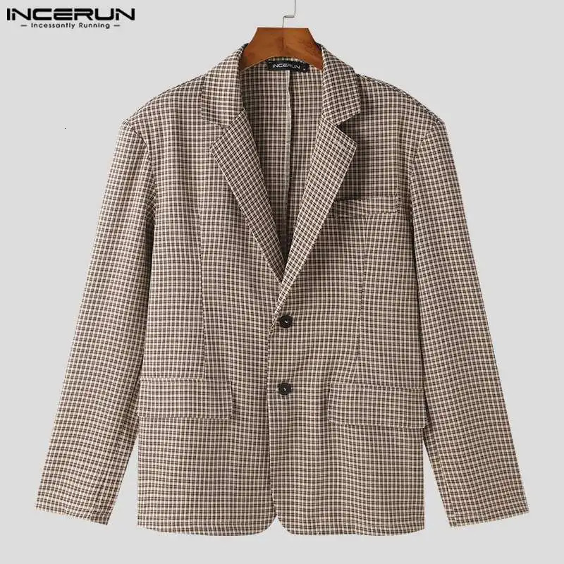 INCERUN Mens Plaid Blazer Lapel Long Sleeve Button Casual Suits Mens Spring Streetwear Elegant Fashion Leisure Coats S-5XL 250220