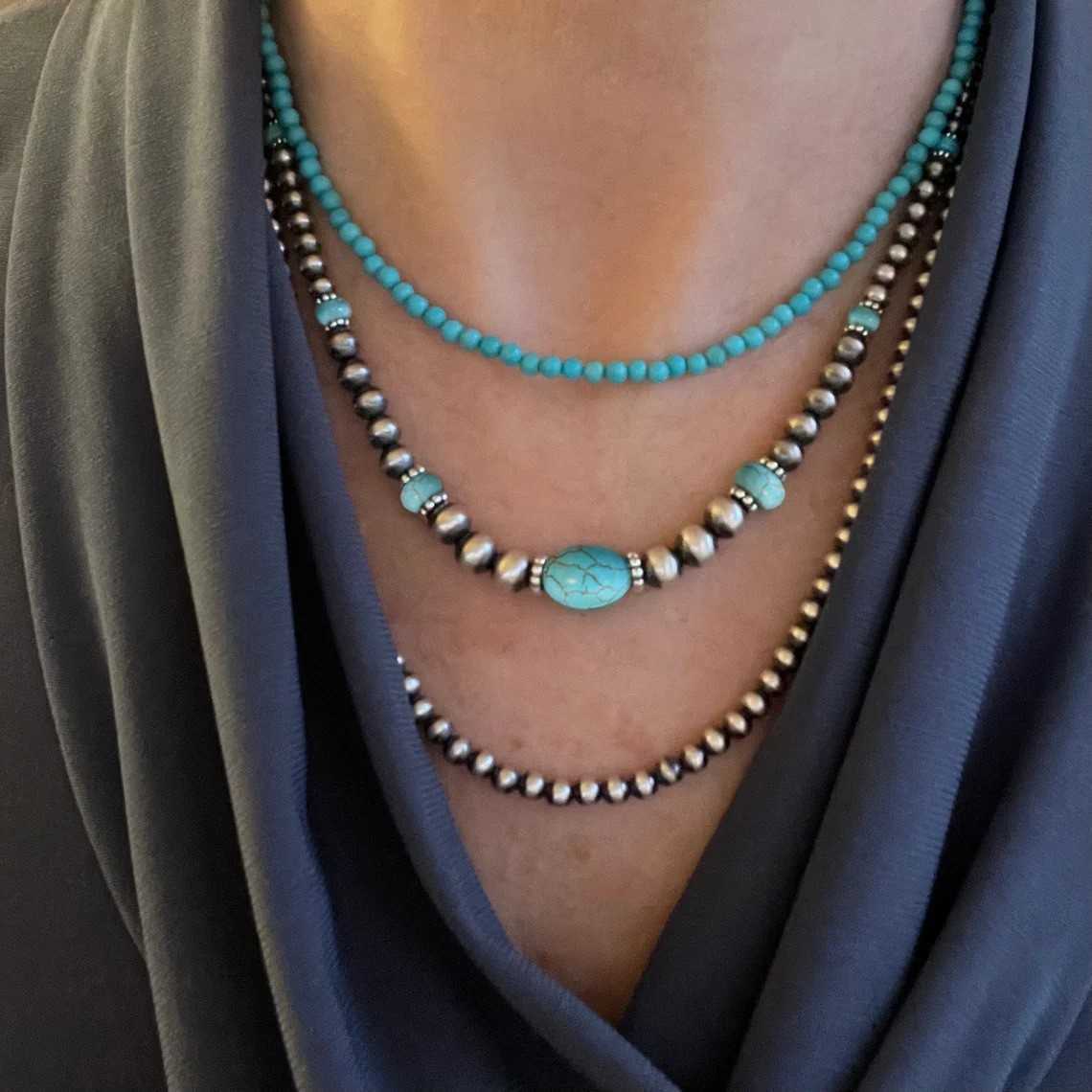 Pendant Necklaces Ethnic style Navajo jewelry turquoise bead necklace for women versatile and layered necklace accessory set H25219 2 UDFK
