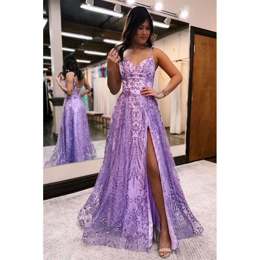 A-and Lace Sleeveless Prom Dress with Slit, Spaghetti Straps, Elegant Dresses, Long Mermaid Dress, Formal Occasion, Exquisite