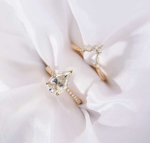 AAA Gems 14k Yellow Gold Pear Shape Engagement Ring Crushed Ice Cut Moissanite Ring Set