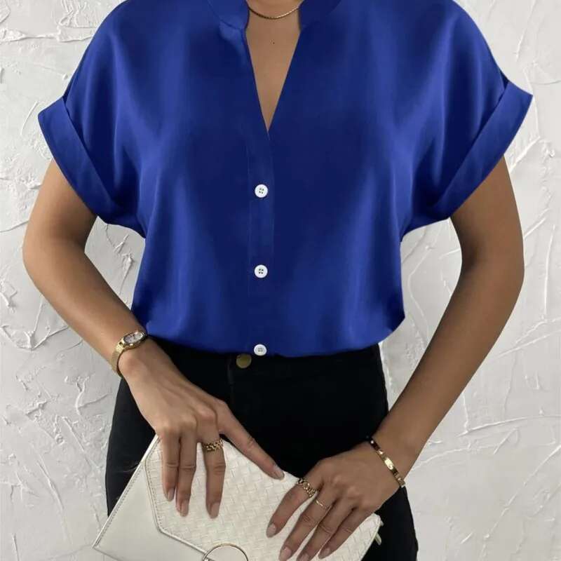 Summer Minimalist V-Neck 2025 Elegant Women's Satin Red Short Sleeved Single Breasted Casual Fitting Office Shirt