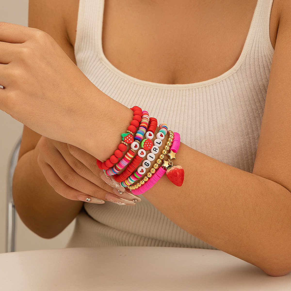 Charm Bracelets Accessories Bohemian style colorful soft ceramic elastic letter LOVE bead bracelet Brelet H25220