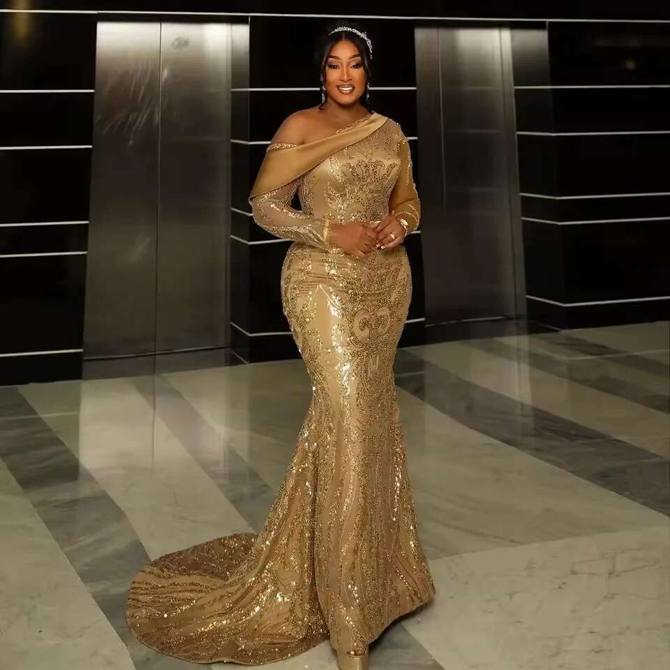Gold Sparkg Long Sleeves Mermaid Prom Dresses African Women Aso Ebi Evening Birthday Party Gowns Customized