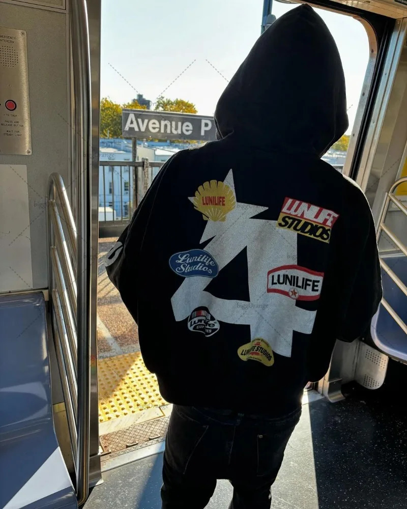 Trend Harajuku Streetwear Jacket American Retro Badge Printed Zipper Hoodie Men Hiphop Punk Casual Oversized Sweatshirt 250219