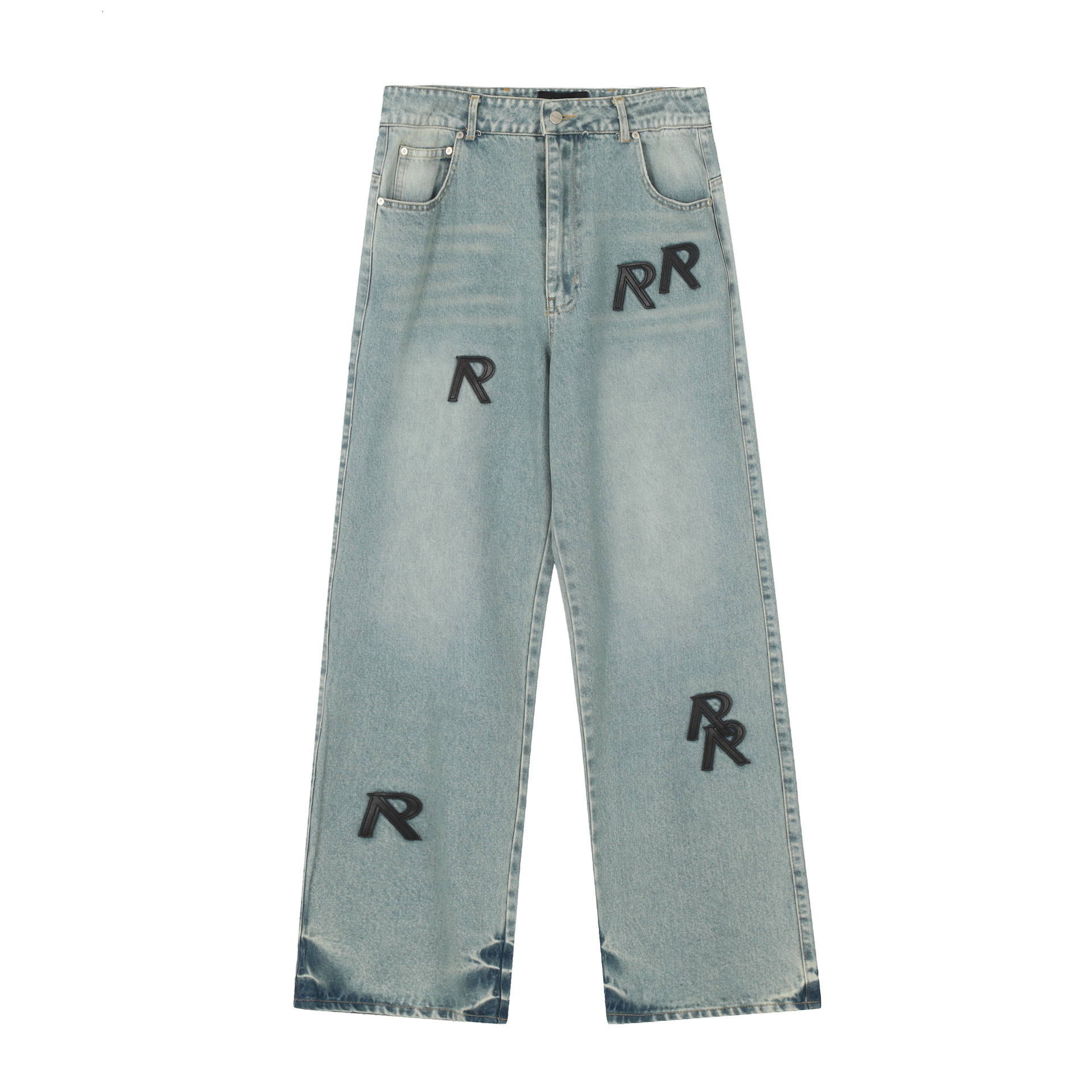 Trendy Brand REPRESEN Letter R, Leather Covered Straight Leg Casual Denim Pants, Men's And Women's High Street Jeans