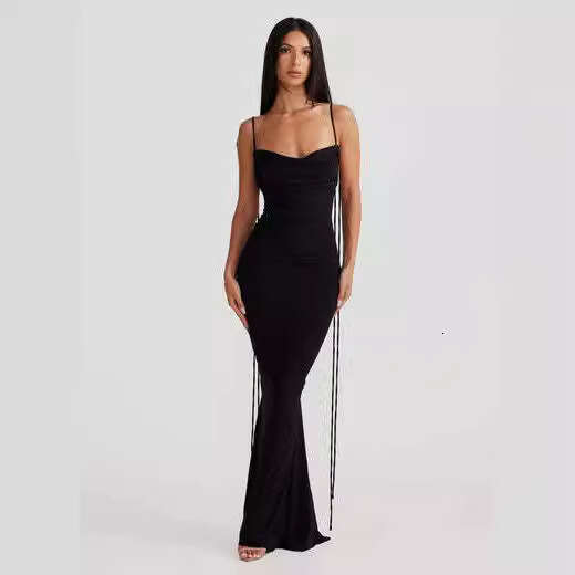 European and American ins pleated sexy backless suspender bag buttocks long solid color dress wholesale 2025 new casual fashion trend clothing