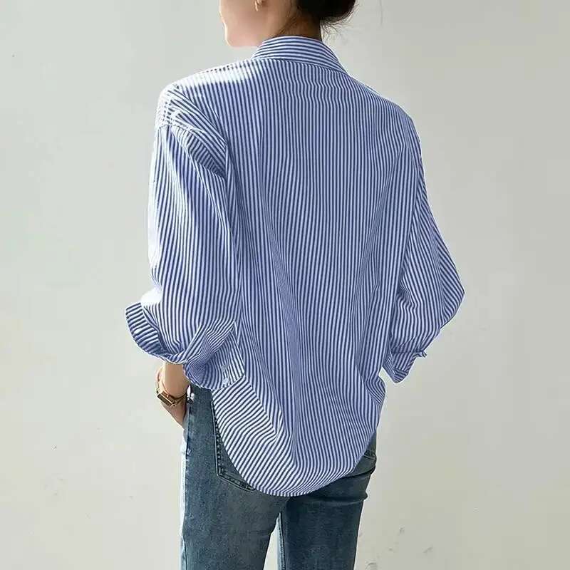 Women Spring Summer Blouses Shirts Lady Fashion Casual Long Sleeve Turn-Down Blue Stripes Blusas Tops
