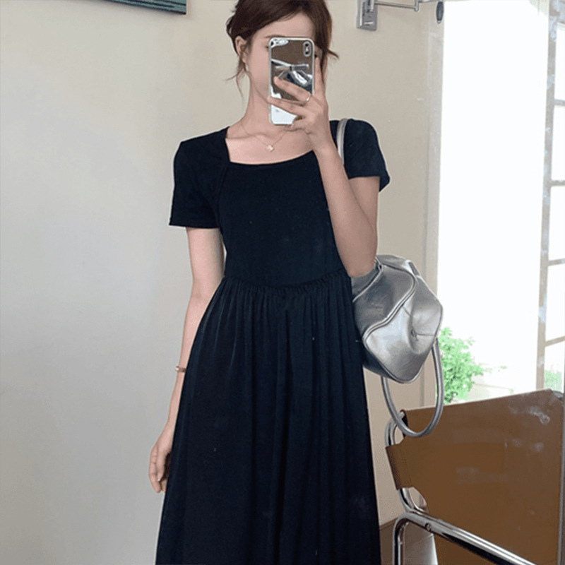 P699270 square collar dress female summer 2025 new black skirt high waist small a-line mid-length skirt