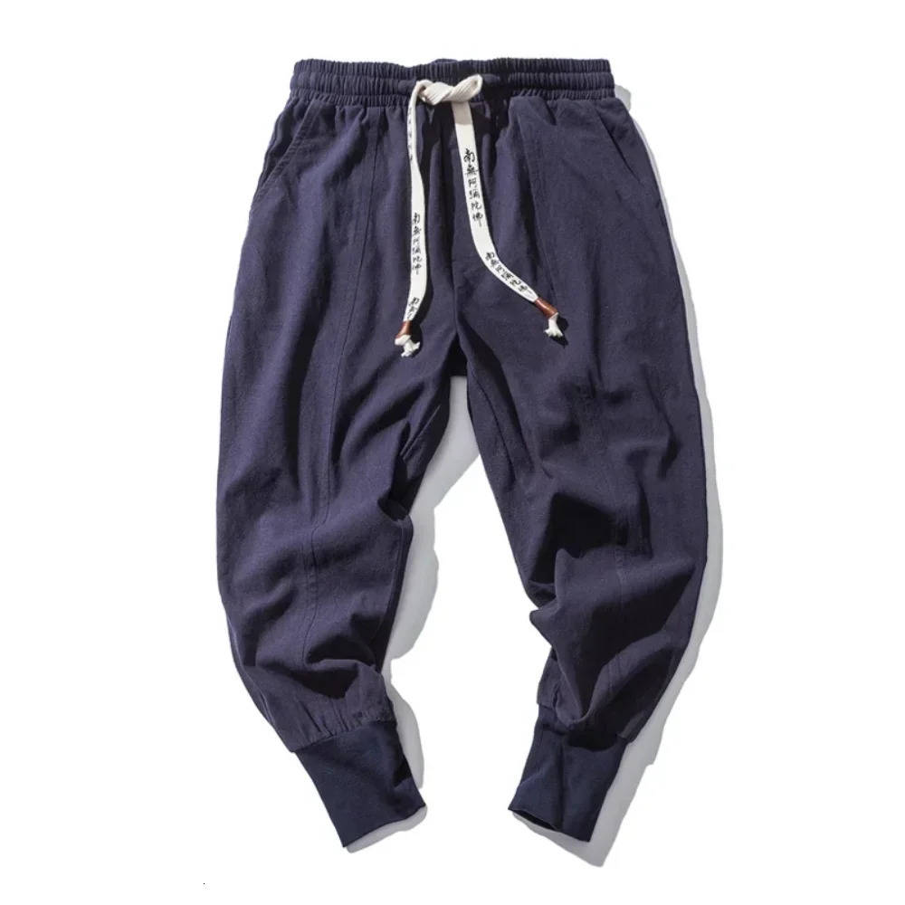 Cotton Linen Harem Pants Men Solid Elastic Waist Streetwear Joggers Baggy Drop-crotch Pants Casual Trousers Men 250218