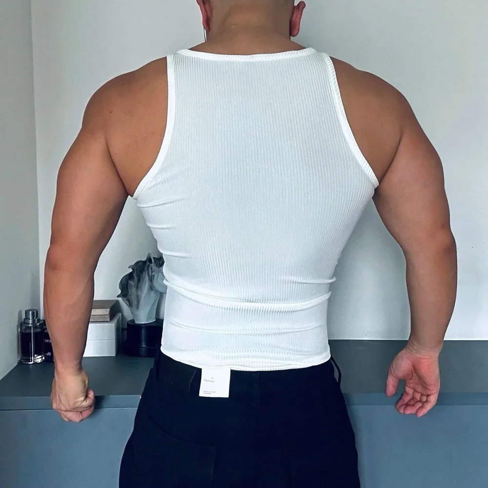 Mens Vest Gym Sports Sexy Half Zip Tank Tops Summer Casual Jogging Streetwear Training Tight Sleeveless Tops Menswear 250219