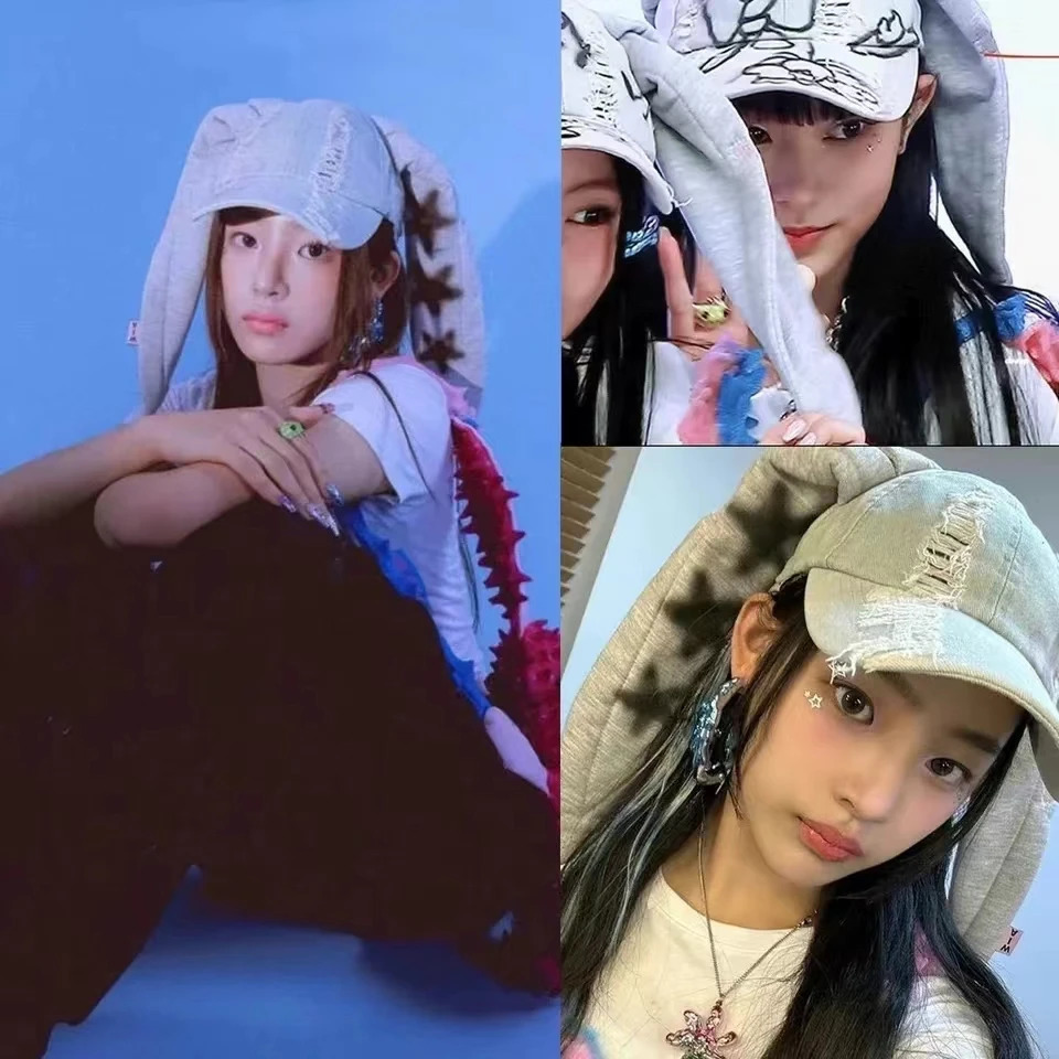 Jeans MinJi Haerin OMG Stage Long Rabbit Ear Hat Y2K Style Denim Blue Baseball Cap Fashion Hip-Pop Cap Couple Birthday Gifts 250214