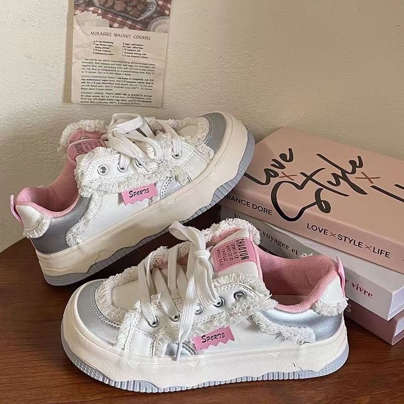Ugly And Cute Silver Powder Designer Shoes Thick Soled White 2025 New Leather Casual White Shoes Niche Tassel Sports Multifunctional Female Student Bo