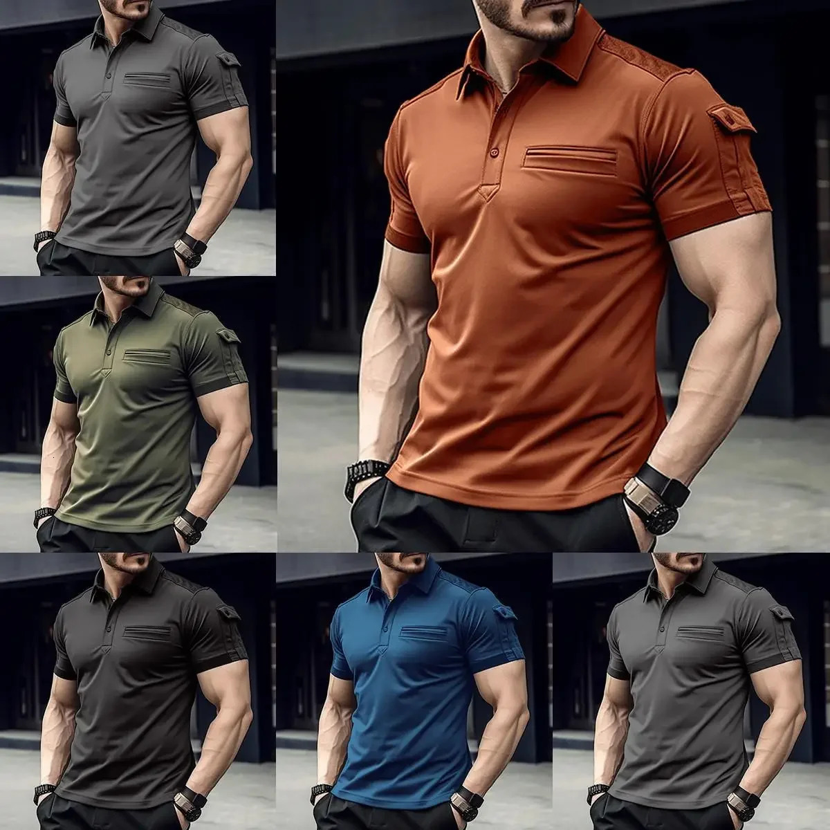 2024 Casual Men Summer Solid TShirt Lapel Button Short Sleeve Polo Shirts Pocket mens street muscle Sports polo shirt 250220