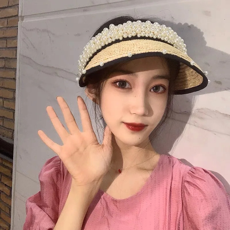 Elegant Handmade Wheat Straw And Pearl Empty Straw Sun Hats For Female Summer Sunshade Korean Seaside Beach Visor Visera Hat 250219