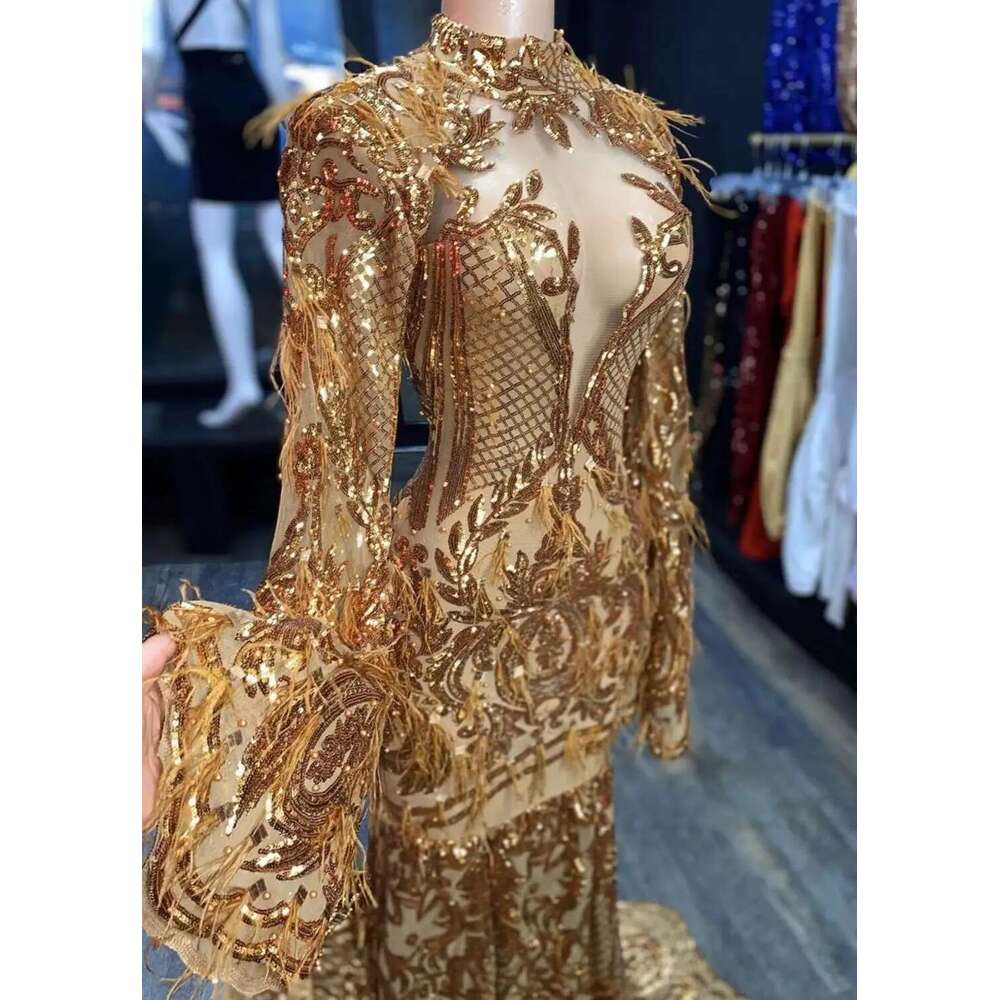 Sparkly Gold Sequins Long Mermaid Ball Gowns 2025 prom High Neck Full Sleeve See Through African Women Black Girls Night Dresses