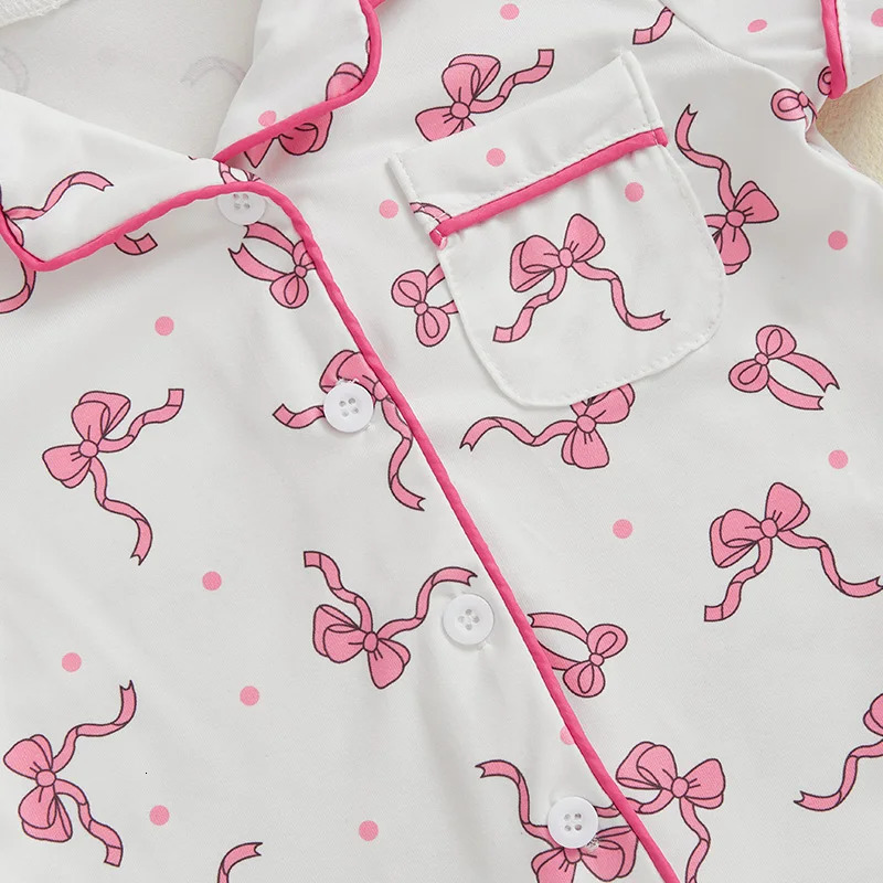 Toddler Kids Baby Girls Summer Pajamas Sets Dot Bow Print Button Down V Neck Short Sleeve Tops Shorts Loungewear Outfits 250219