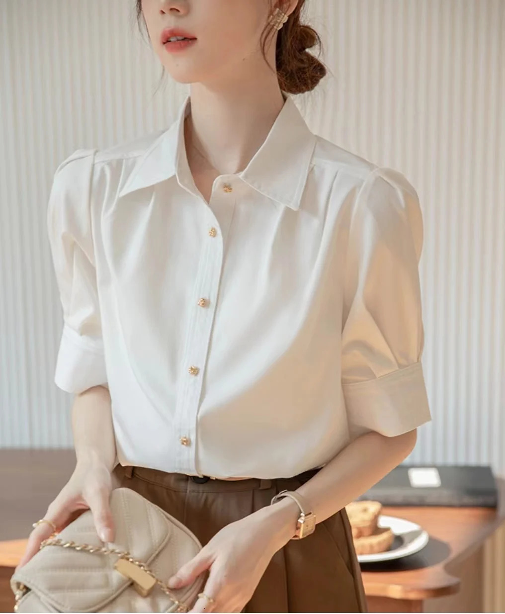 Summer Office Lady Short Sleeve Shirts Womens Solid Color Basic Blouse Korean Fashion Button Up Elegant Female Clothing Tops 250219