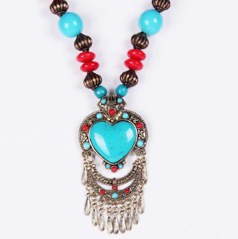 Pendant Necklaces New Bohemian style jewelry peach heart water droplet sweater chain ethnic style beach necklace H25219