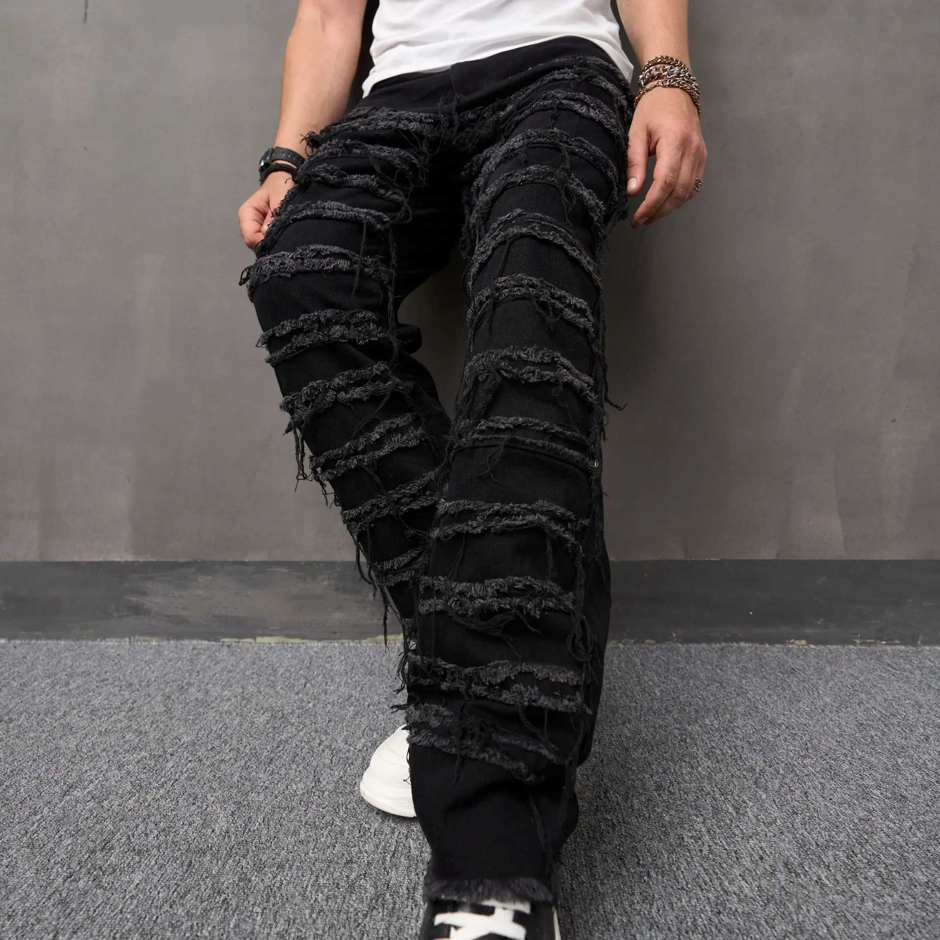 2024 New Mens Loose Fashionable Wide-leg Casual Solid Color American Denim Long Pants with Ripped Holes and Whiskering. X250220