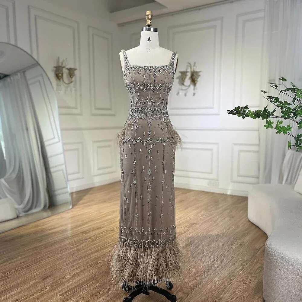 Mermaid Caramel Ankle Length Evening Dresses Gowns Beaded Feather Evening Party Customize