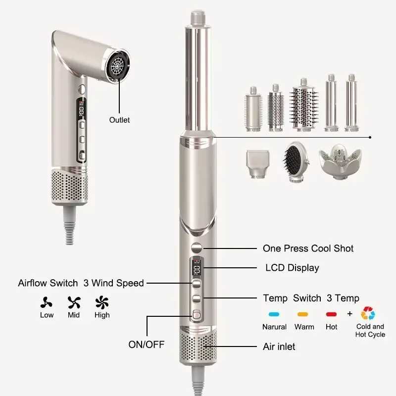 Professional 8 in High-Speed Brushless Foldable Ionic Hair Blow Dryer Hot Air Brush FlexStyler with Interchangeable Heads W250220