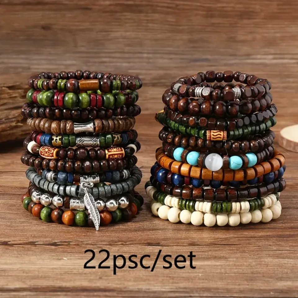 22Piece Set Vintage Style Bohemian Wooden Beaded Bracelets Synthetic Turquoise and Cats Eye Beads Fashionable Stacking Brace 250213