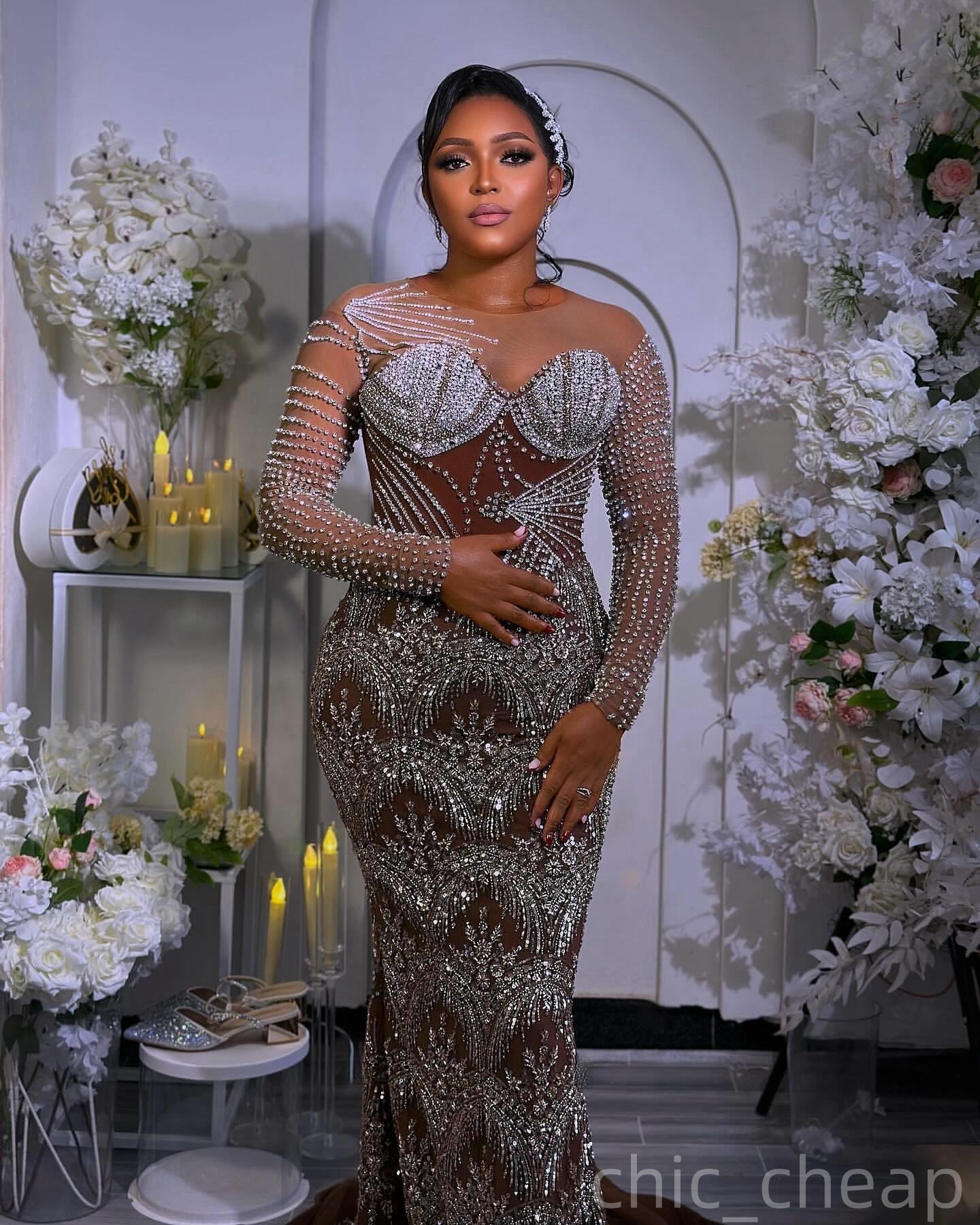 Brown Illusion Mermaid Prom Dresses 2025 Crystals Sheer Neck Sequined Evening Formal Party Second Birthday Engagement Gowns Plus Size Dress For Specia