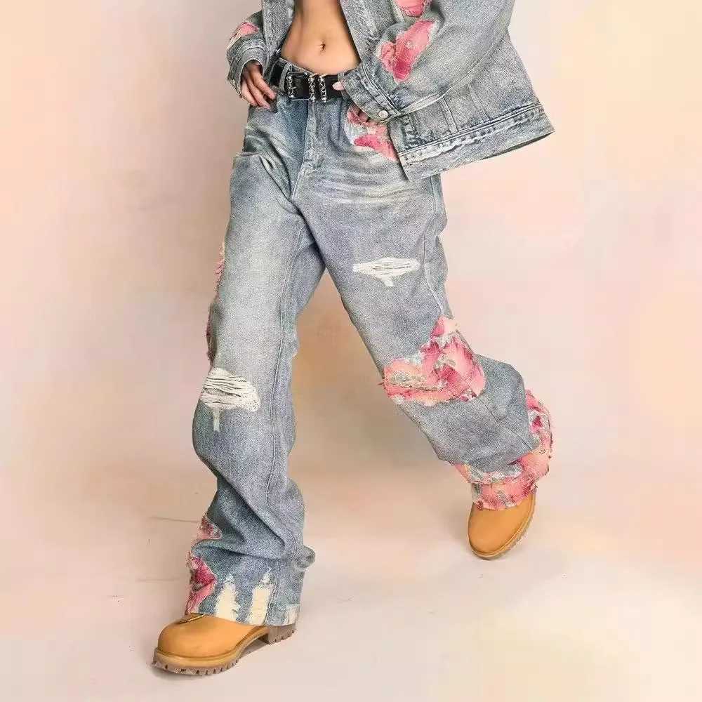 Y2k Grunge Ripped Print Contrast Patchwork Straight Harajuku Hip Hop Casual Baggy Trendy High Waist Hallow Out Jeans X250220