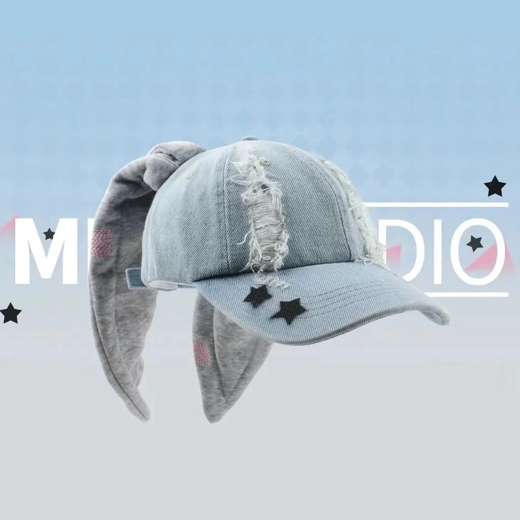 Jeans MinJi Haerin OMG Stage Long Rabbit Ear Hat Y2K Style Denim Blue Baseball Cap Fashion Hip-Pop Cap Couple Birthday Gifts 250214