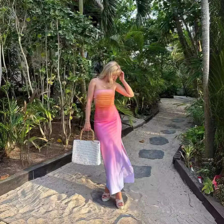 European and American summer product casual sexy gradient color print strapless waist reveag long dress for hair replacement 2025 new style temperamen