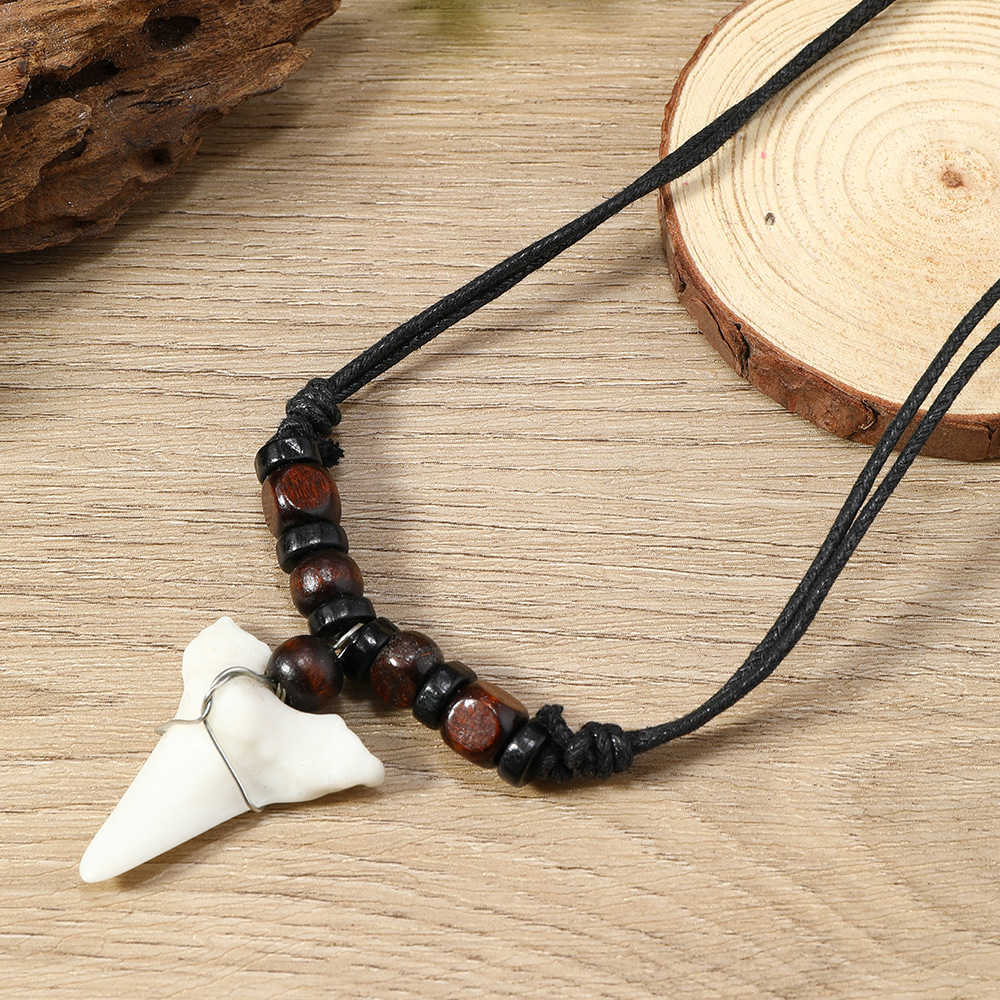 Pendant Necklaces Bohemian summer holiday surfing accessories fashionable and personalized wooden beads shark teeth necklace accessories H25219