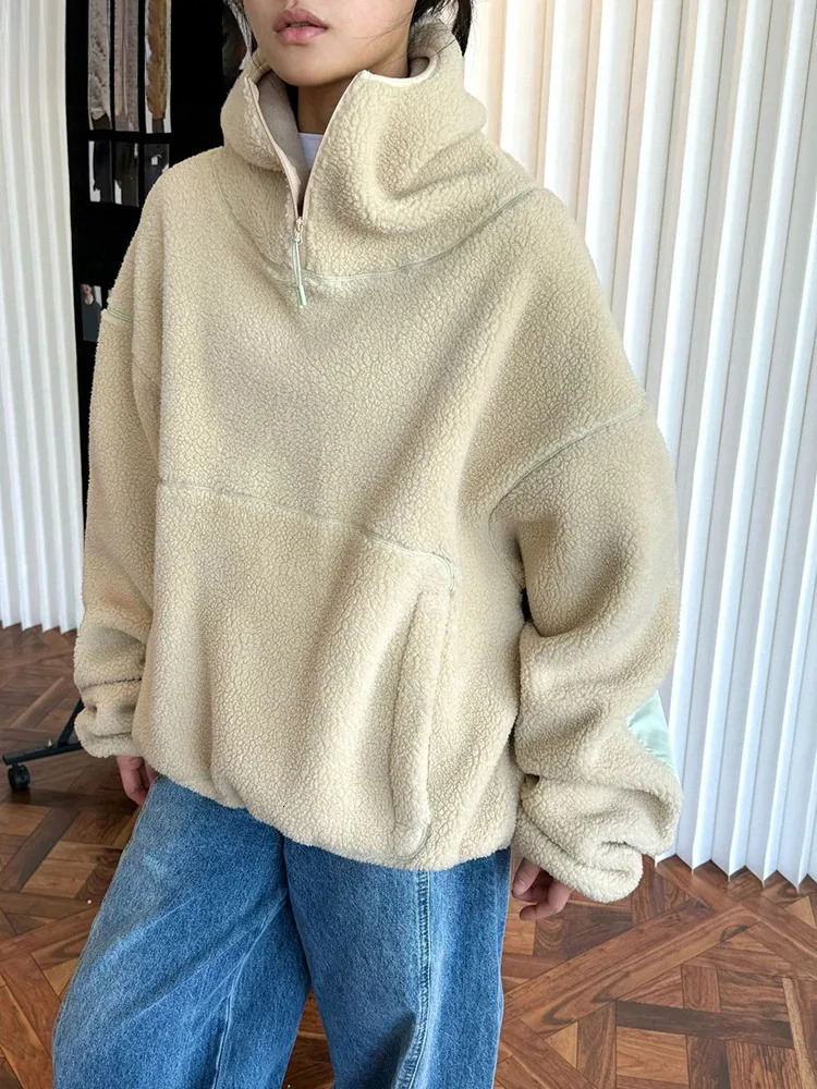 Blue Lambswool Thick Casual Sweatshirt New Hooded Long Sleeve Women Big Size Fashion Tide Autumn Winter 2025 1Dh7863
