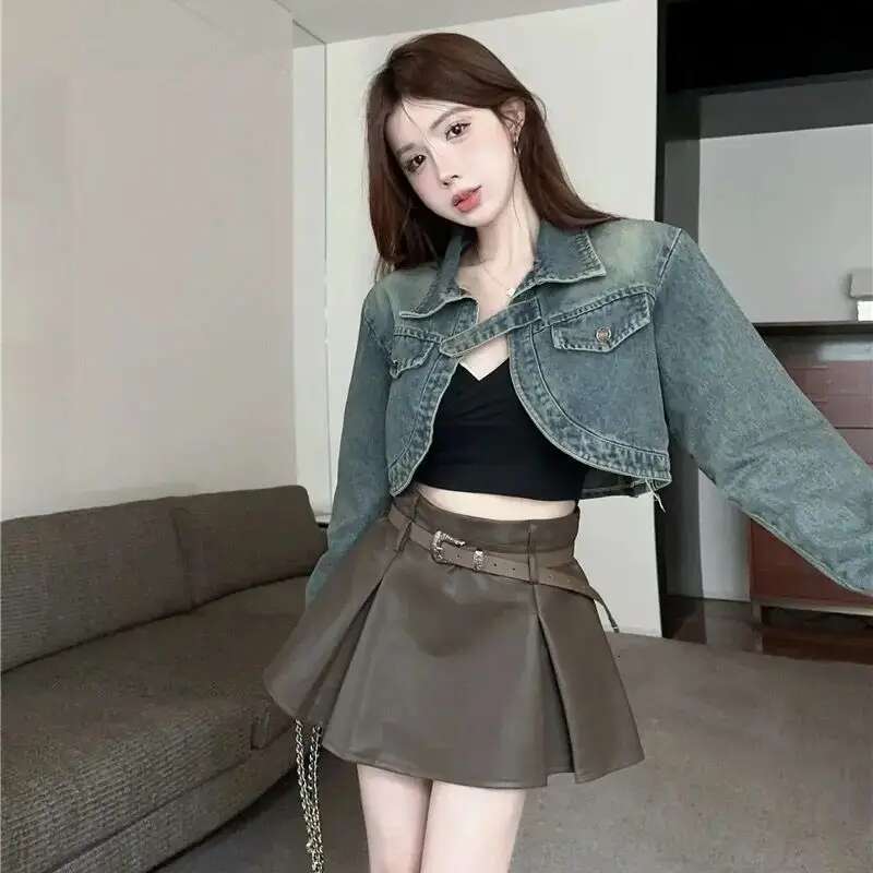 Denim Retro American Slim Fit Women Round Neck Top Sweet Korean Jacket Early Autumn Hot Style