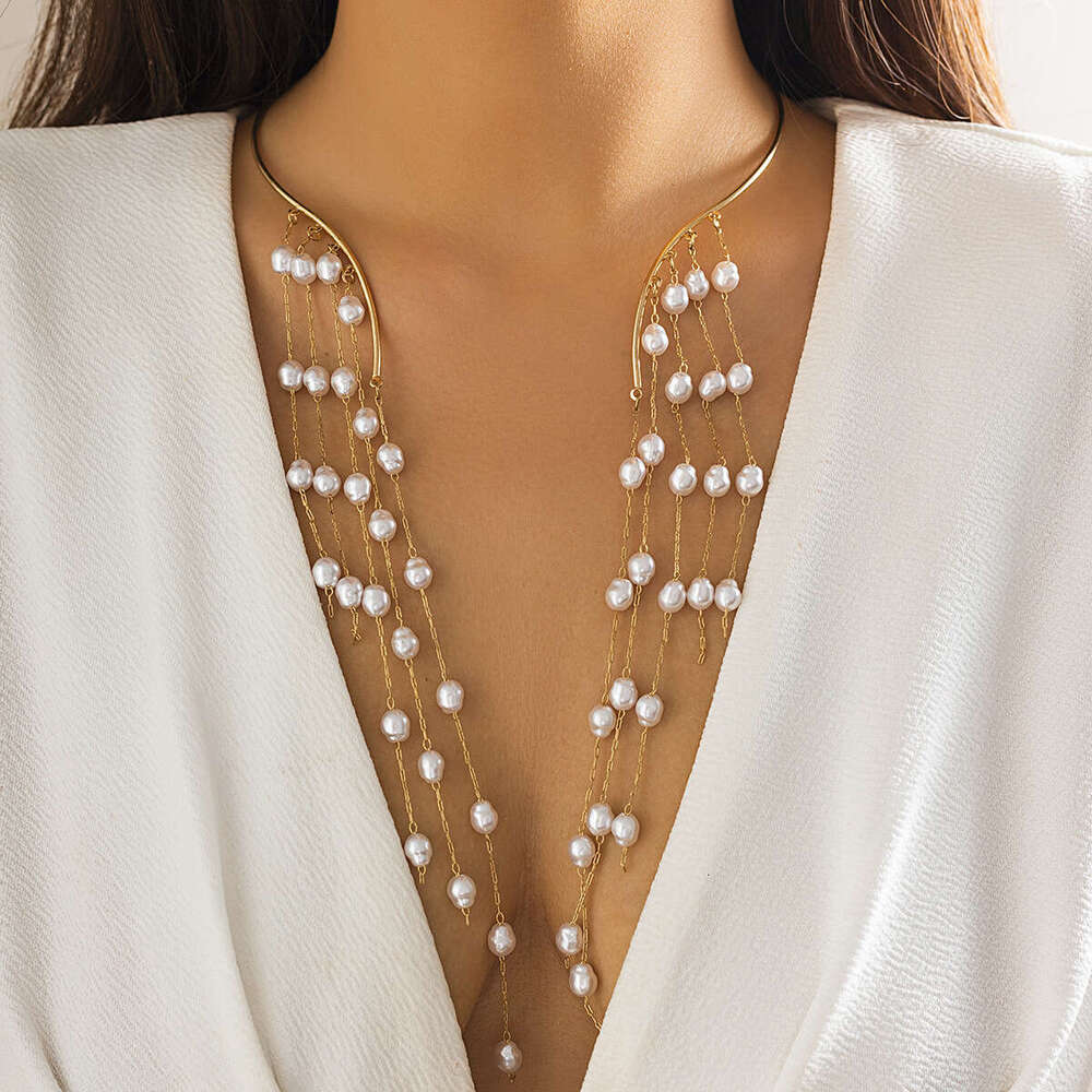 Exaggerated long tassel opening punk collar with imitation pearl choker neck chain necklace for women