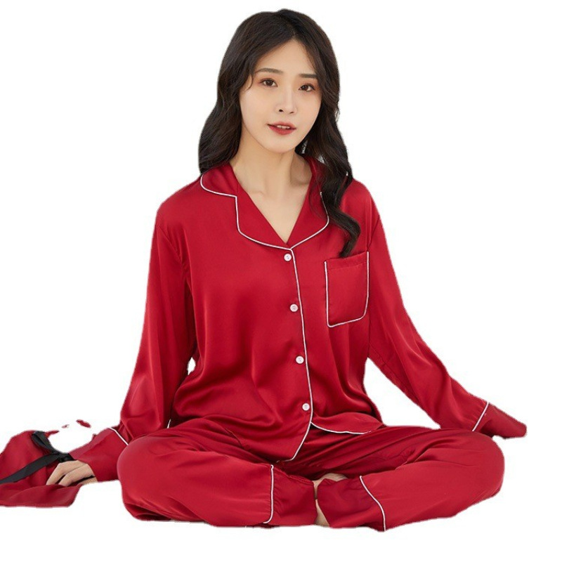 B704-Pajamas women's spring and autumn new ice silk imitation silk long-sleeved cardigan suit solid color home clothes thin style