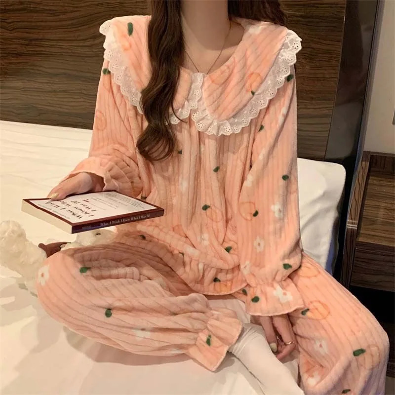 Cartoon Pajama Sets Womens Pyjamas Warm Flannel Sleepwear Girl Pajama Set Suit Pant Home Korean Peach Sleep Lace Sleepwear 250219
