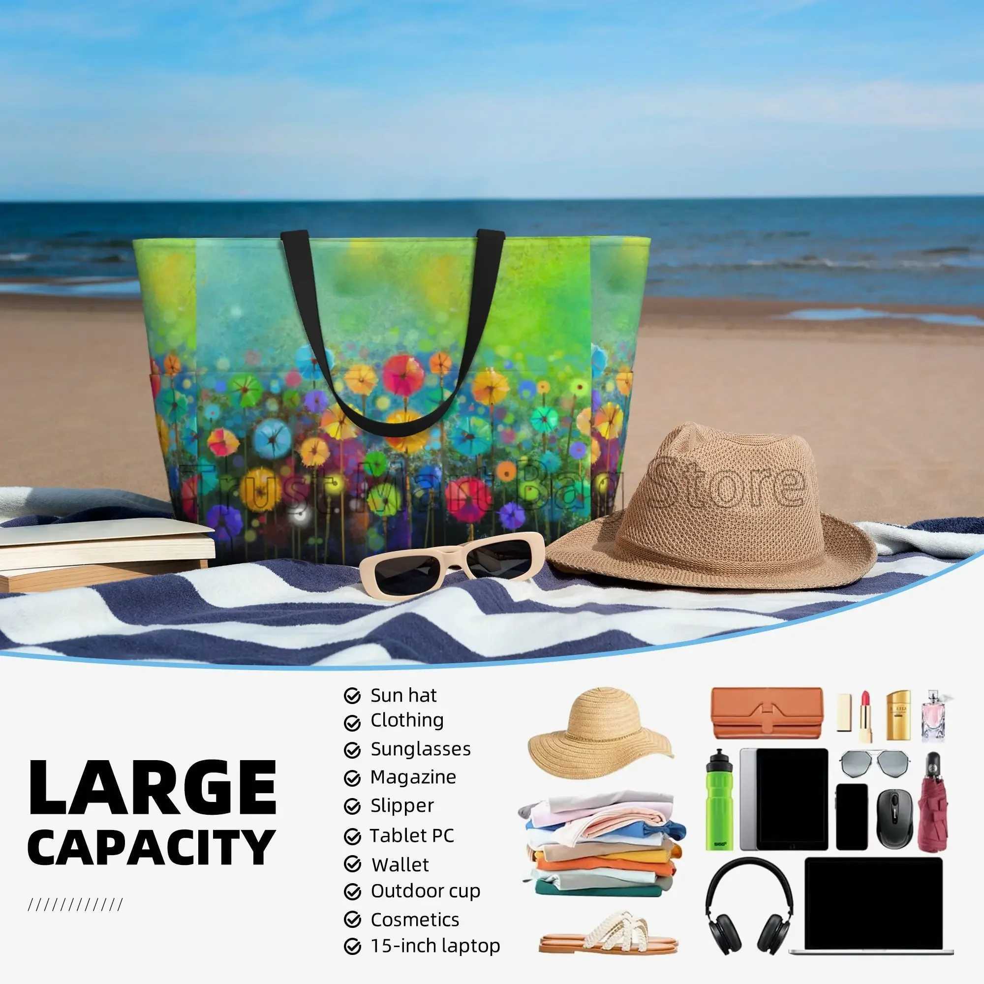 Abstract Flower Floral Watercolor Painting Large Waterproof Beach Bag for Women Sandproof Pool Tote Bag for Travel Vacation Swim Z250219