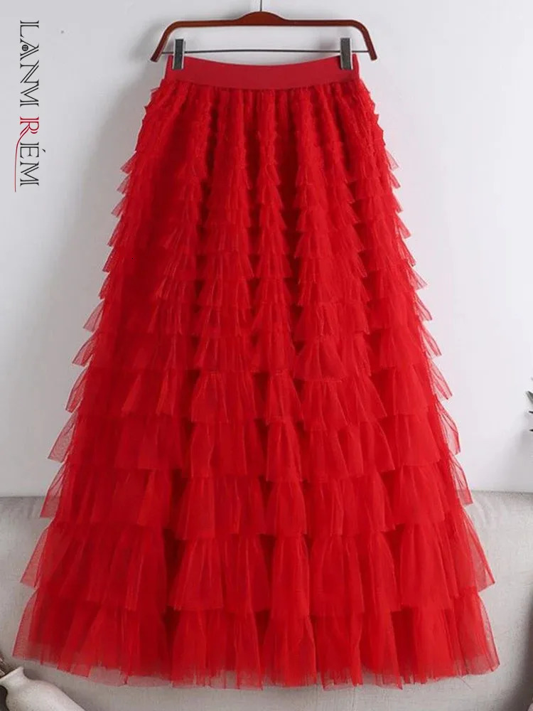 LANMREM Fashion Mesh Skirt Women High Waist Aline Gauze Spliced Solid Color Loose Skirts Versatile Spring 2AA4000 250213