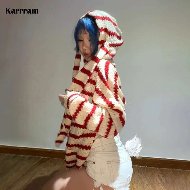 Karrram Japanese Y2k Hooded Cardigan 2000s Aesthetics Rabbit Ears Zipper Knitwear Vintage Haruku Red Stripe Sweater Grunge