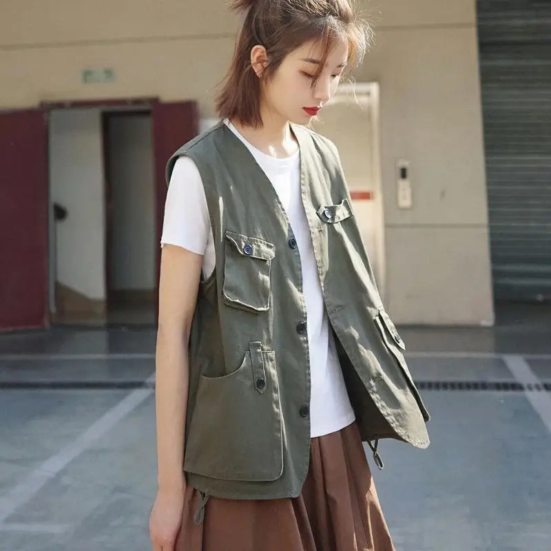 Army Green Vests Women Safari Style Korean Fashion Mujer Bf All-match Summer Breathable Pockets V-neck Simple Casual 250219