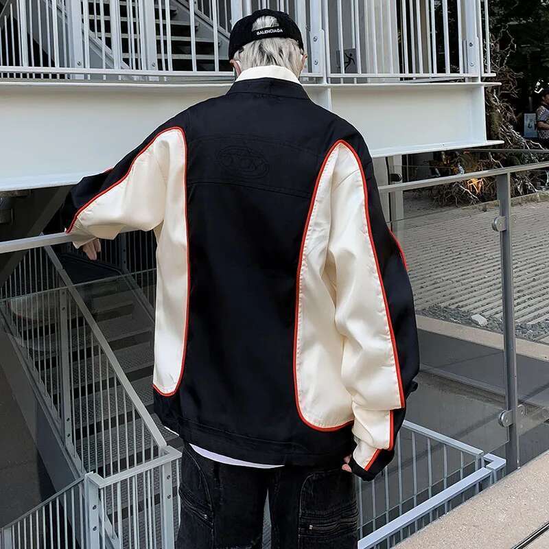 Retro American Motorcycle Jacket for Men, Zipper Closure Coat, Patchwork, for Document Subscribers, Baseball Uniform, for Couple, High Street Racing, 