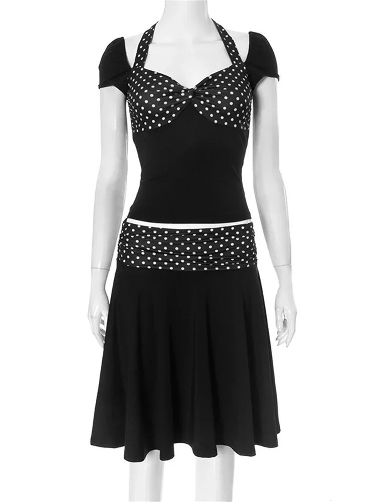 Tossy Patchwork Fashion 2-piece MIni Womens Dress Lace Top Comparison Backless Cut Top and High Waist Dress 250220